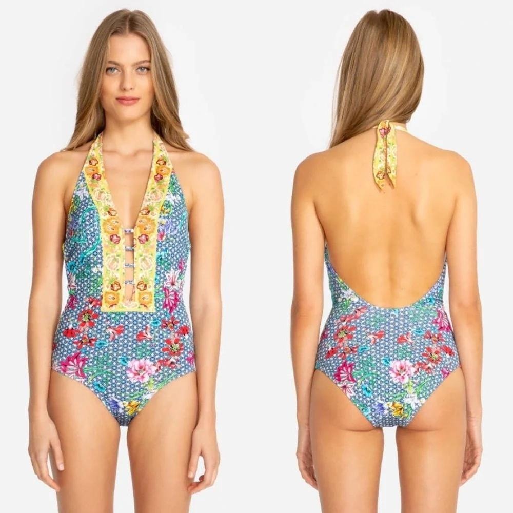 Johnny Was Seaton One Piece Swimsuit Floral Geometric Halter CSW2919-S Multi S